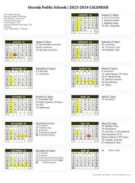 2017 2018 District Calendar Osceola School District Osceola, WI