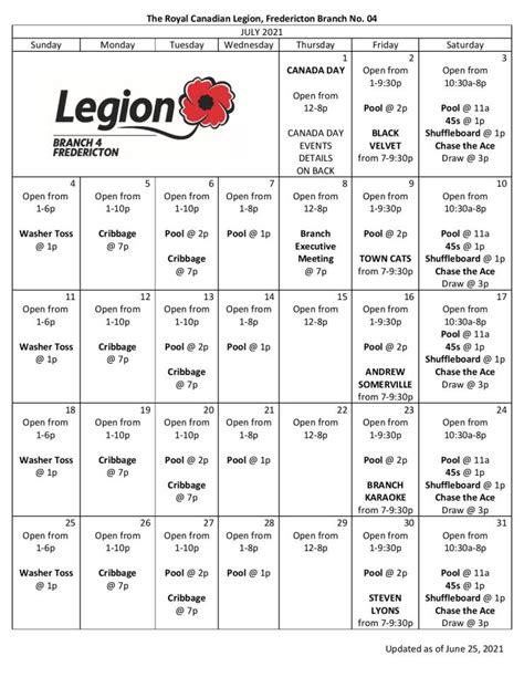 Osseo Legion Calendar