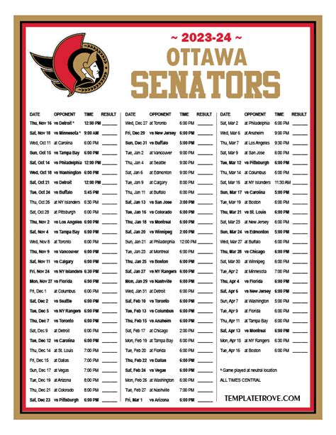 Ottawa Senators Ice Hockey Game Schedule