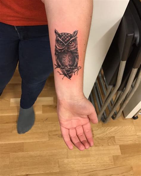 Owl forearm tattoo by Greg Couvillier Tattoos, Body art