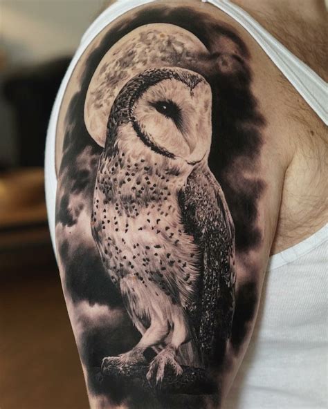 Black Ink Owl On Branch With Half Moon Tattoo Design For