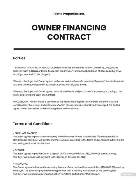 Printable Owner Financing Contract Template Printable Templates