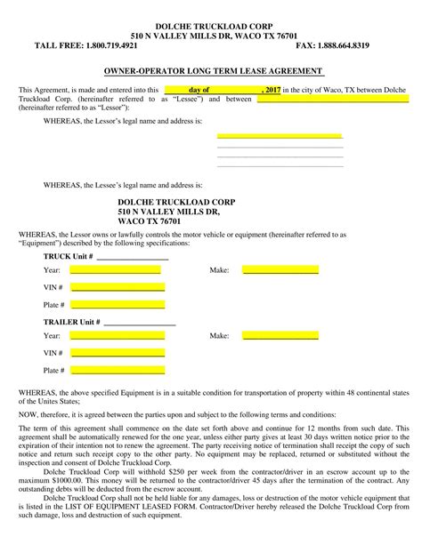 Owner Operator Lease Agreement Template Free