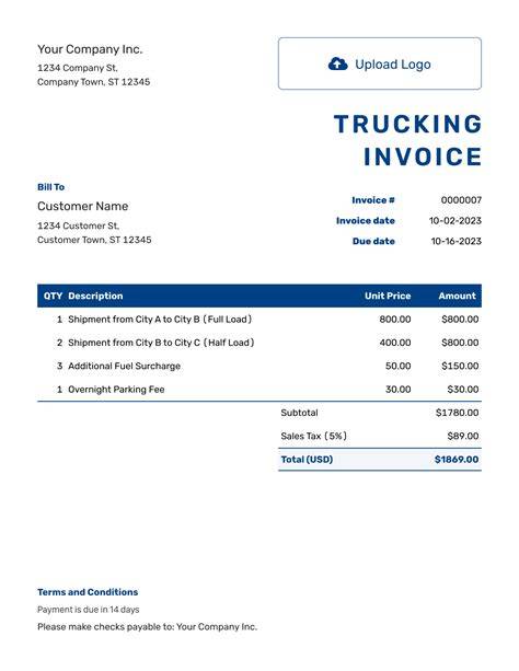 Owner Operator Trucking Invoice Template – Free Editable Template ...