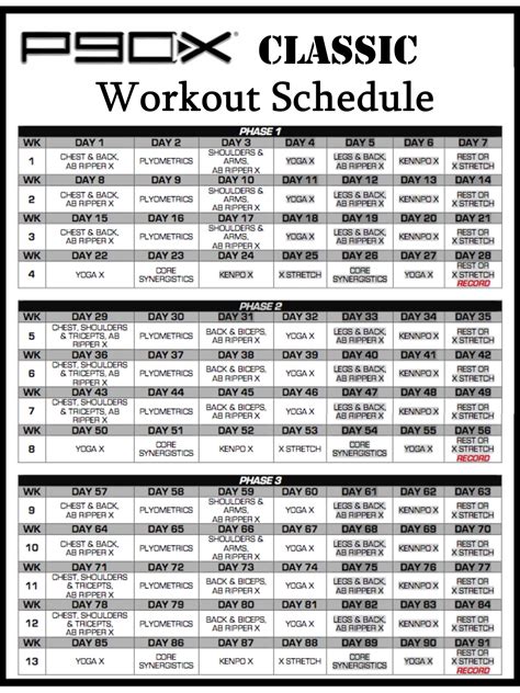 P90x Workout Calendar Printable