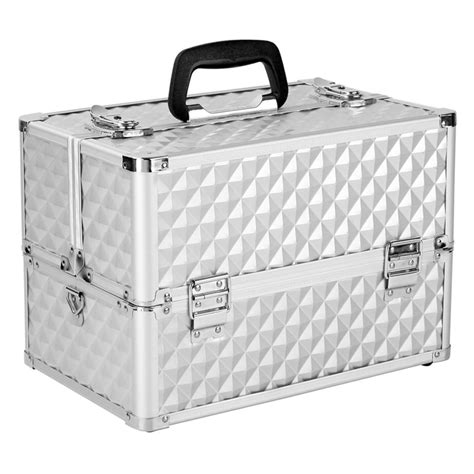 PORTABLE COSMETIC BEAUTY MAKE UP CARRY CASE BOX DIAMOND SILVER