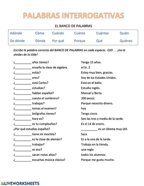 Palabras Interrogativas Worksheet