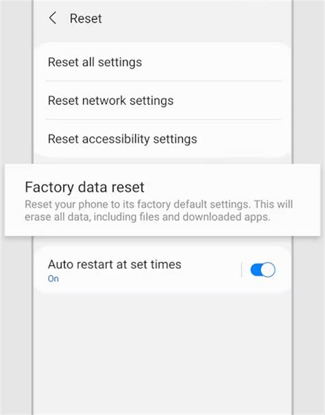Tampilan antarmuka pengaturan ponsel Android untuk opsi Factory Reset