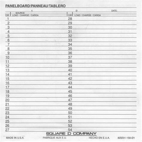 Panel Schedule Template Square D