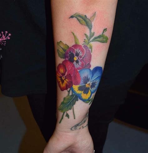 black floral pansy shoulder tattoo illustration Pansy