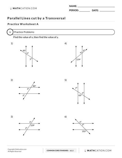 Parallel Lines Transversal Algebra Worksheet