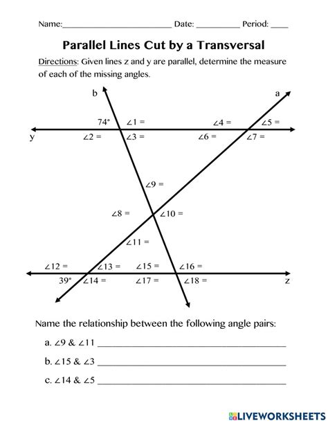 Parallel Lines Cut by a Transversal Worksheet