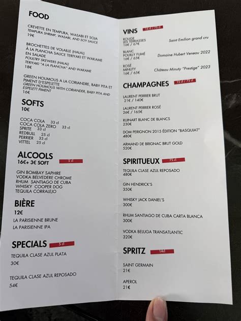 Paris Rooftop Bar Menu