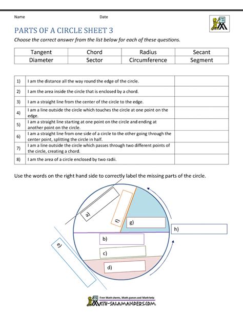 Parts Of A Circle Worksheet - slideshare