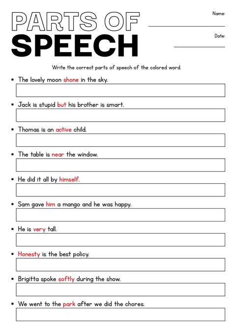 Parts of Speech Overview worksheet