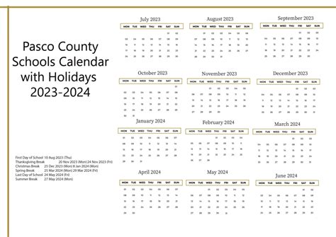 Image of Pasco County Schools Calendar