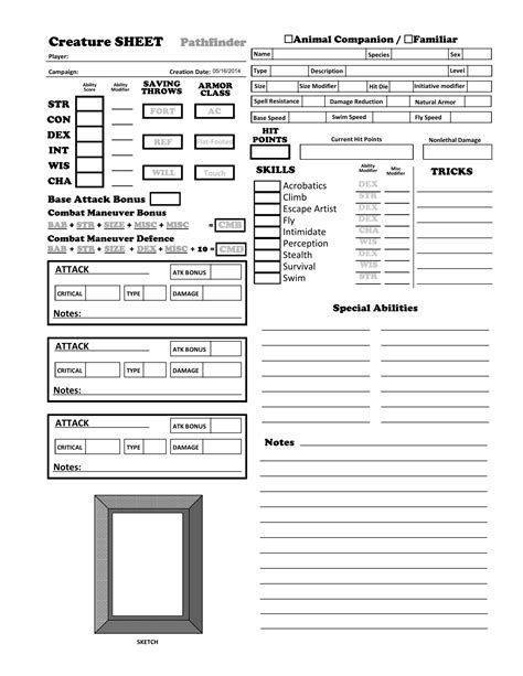 Streamline Your Pathfinder Game with a Fillable Animal Companion Sheet: Perfect for Tracking Stats and Abilities!