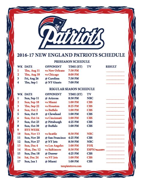 Patriots Schedule Printable