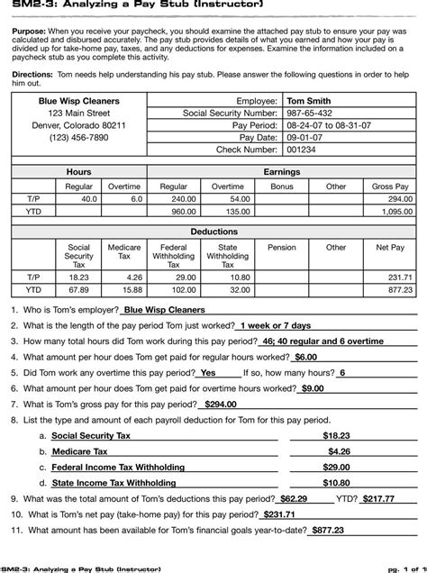 Pay Stub Worksheets For Students