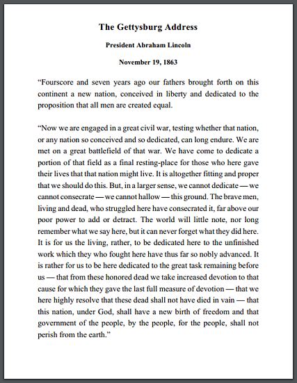 Pdf Printable Gettysburg Address