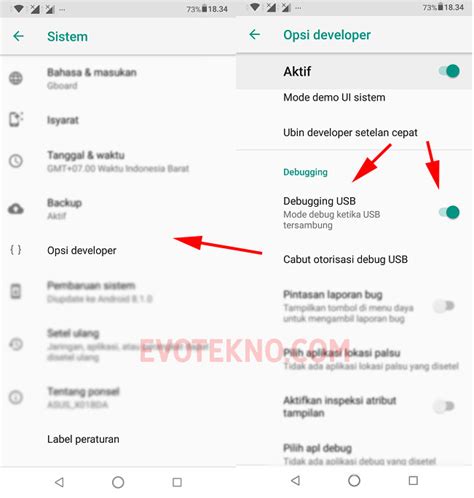 Tampilan menu 'Opsi Pengembang' dengan fokus pada Debugging USB