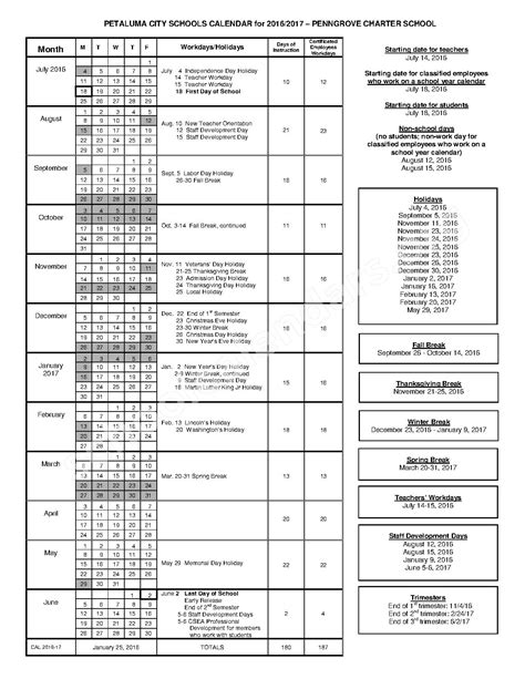 Penngrove Elementary Calendar