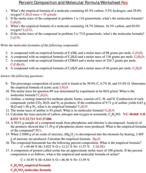 Percent Composition And Molecular Formula Worksheet