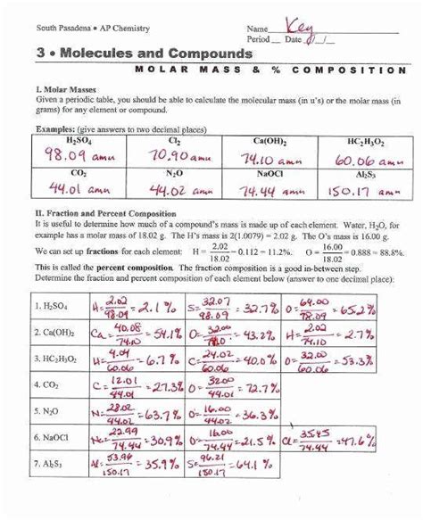 Percent Composition Worksheet 2 Answer Key