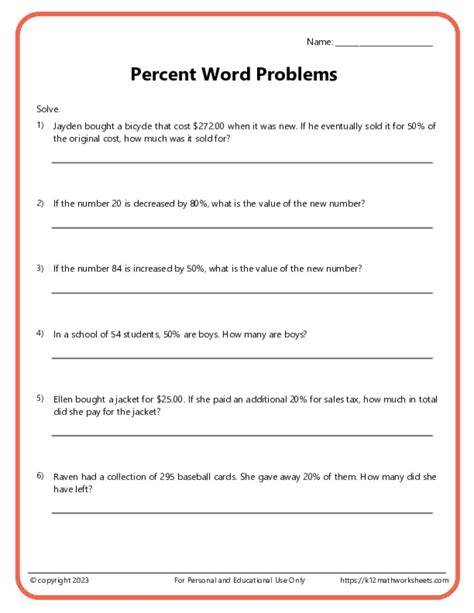 Percent Worksheets Word Problems
