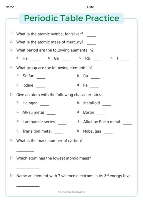 Periodic Table Practice Worksheet