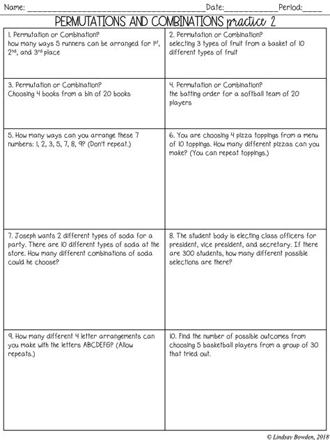 Permutations Vs Combinations Worksheet