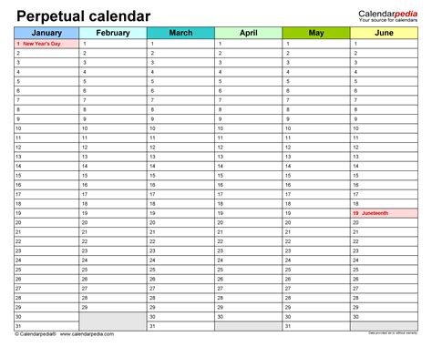 Perpetual Calendar Excel Template