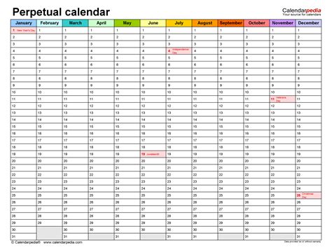 Perpetual Calendar Template Excel