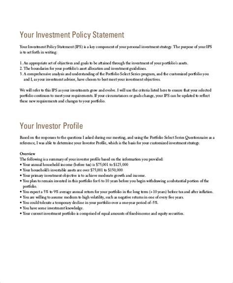 Personal Investment Policy Statement Template