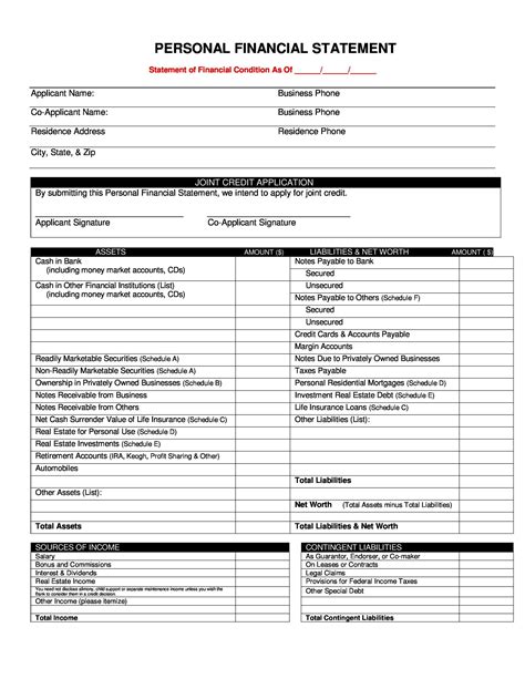Personal Financial Statement Form Printable