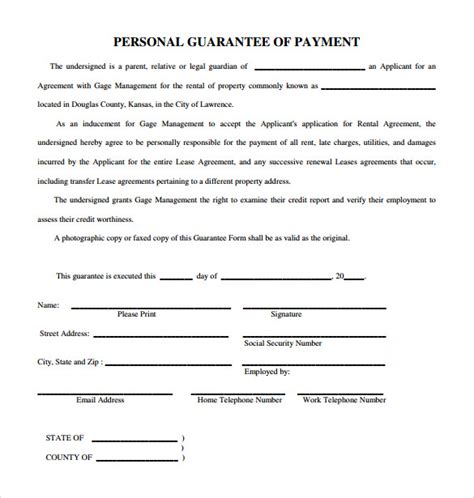 Personal Gurantor For Credit Application Template