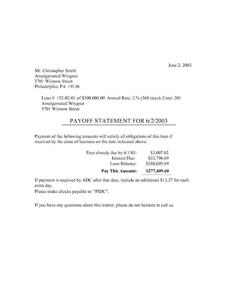 Personal Loan Payoff Letter Payoff Statement Template Word