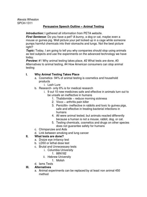 Compelling Persuasive Speech Outline on Animal Testing: Convincing Arguments for an End to Cruelty