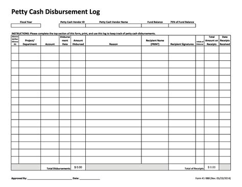 Fillable Petty Cash Log Of Disbursements printable pdf download