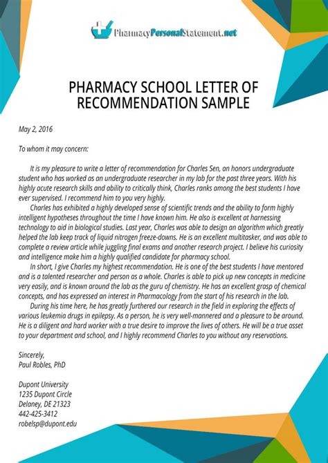 Pharmacy School Letter of Recommendation