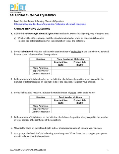 Phet Balancing Chemical Equations Worksheet