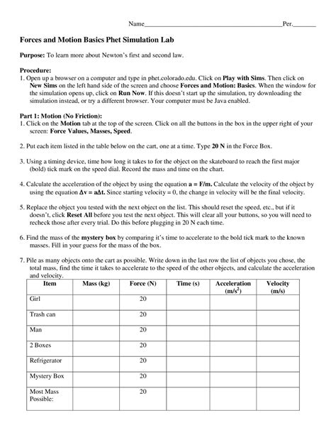 Phet Forces And Motion Basics Worksheet Answer Key Quizlet