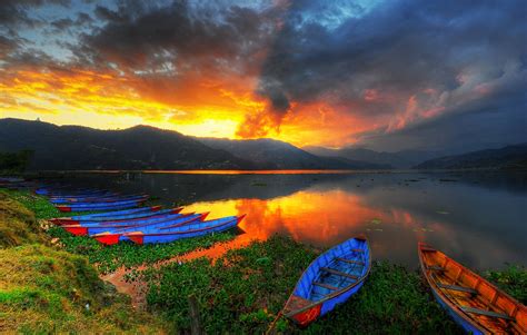 Sunset over Phewa Lake in Pokhara
