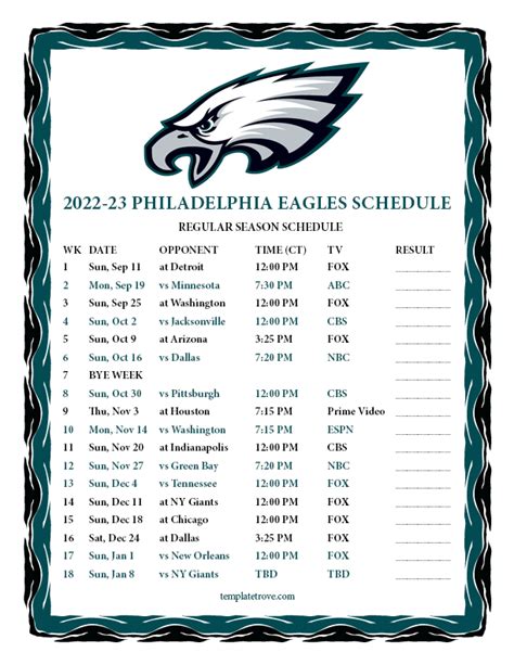 Philadelphia Eagles Printable Schedule 2022