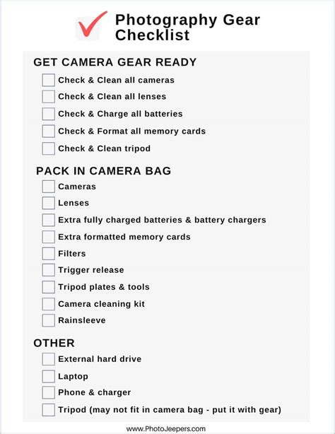 Photography Equipment Checklist