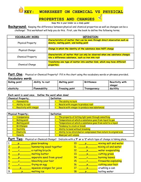 Physical And Chemical Properties And Changes Worksheet Answer Key