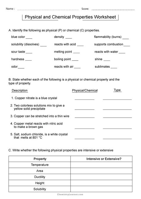 Physical And Chemical Properties Changes Worksheet