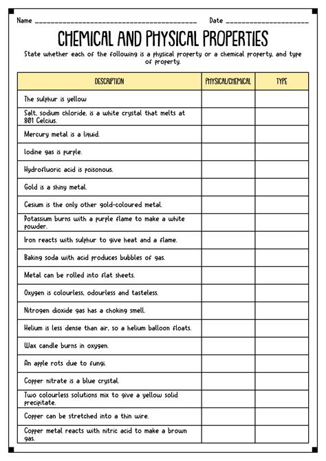 Physical And Chemical Properties Of Matter Worksheet