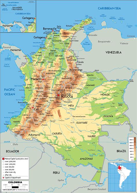 Detailed physical map of Colombia with roads, cities and airports