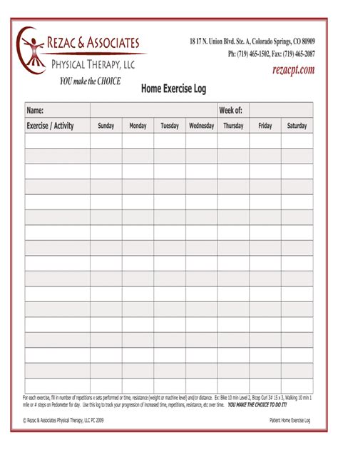 Physical Therapy Exercise Log Template
